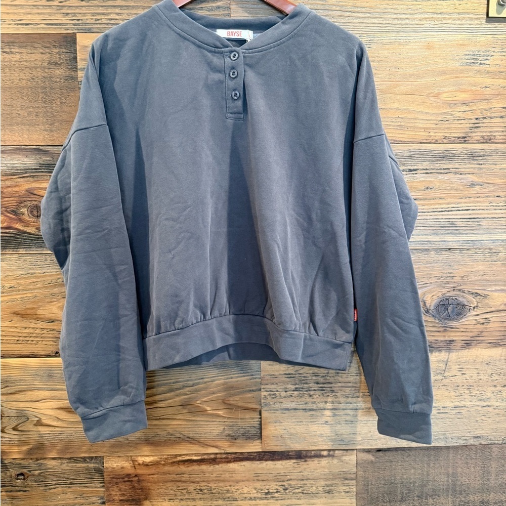 Bayse Soft Lined Button Down Charcoal Crewneck  Grey Sweater NWT
